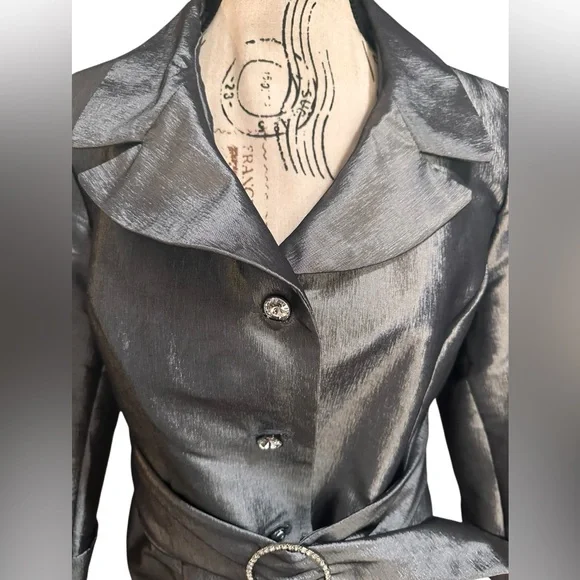 Nicolette Metallic Silver Evening Jacket Rhinestone Belt Formal Blazer 10 Medium - Picture 10 of 16